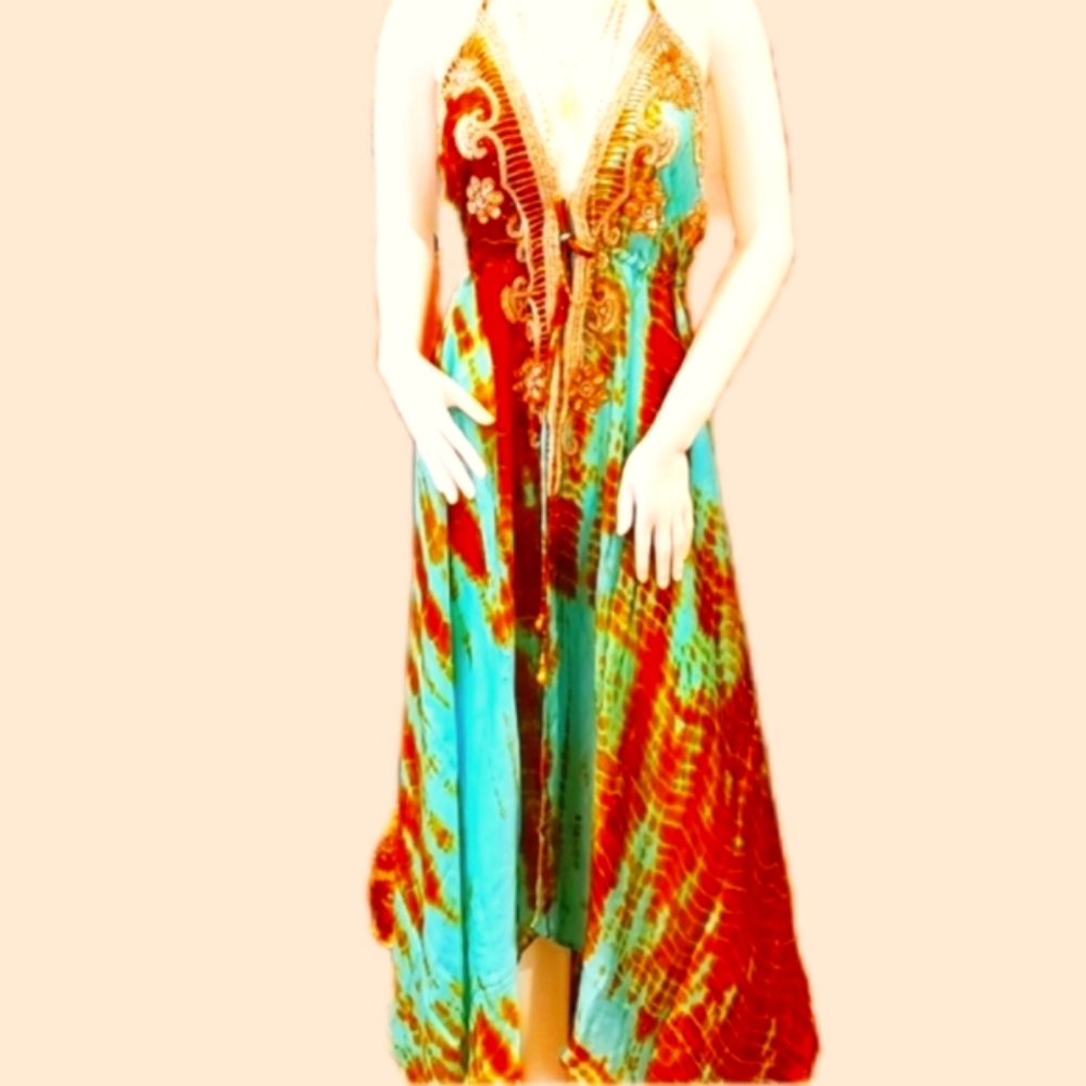 LAST ONE***MANISH VAID Ocean Dreams Turq. TIE DYE Hi-Lo Silk Emb. Dress-NWT-OS